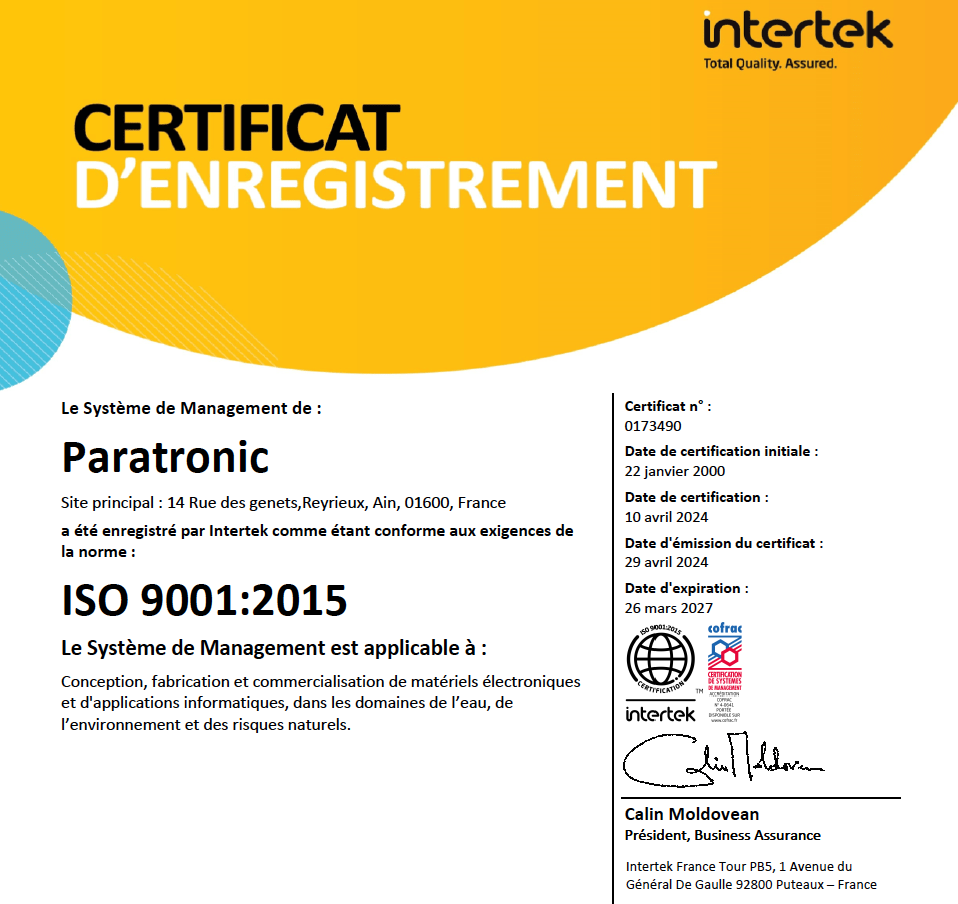 Certificat Iso 9001 PARATRONIC